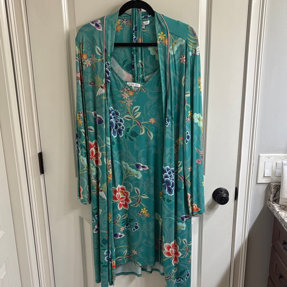 Johnny Was Teal Floral Nightgown and matching robe